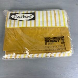New VTG Lady Pepperell No Iron Cotton Blend Yellow White Stripe Full Flat Sheet